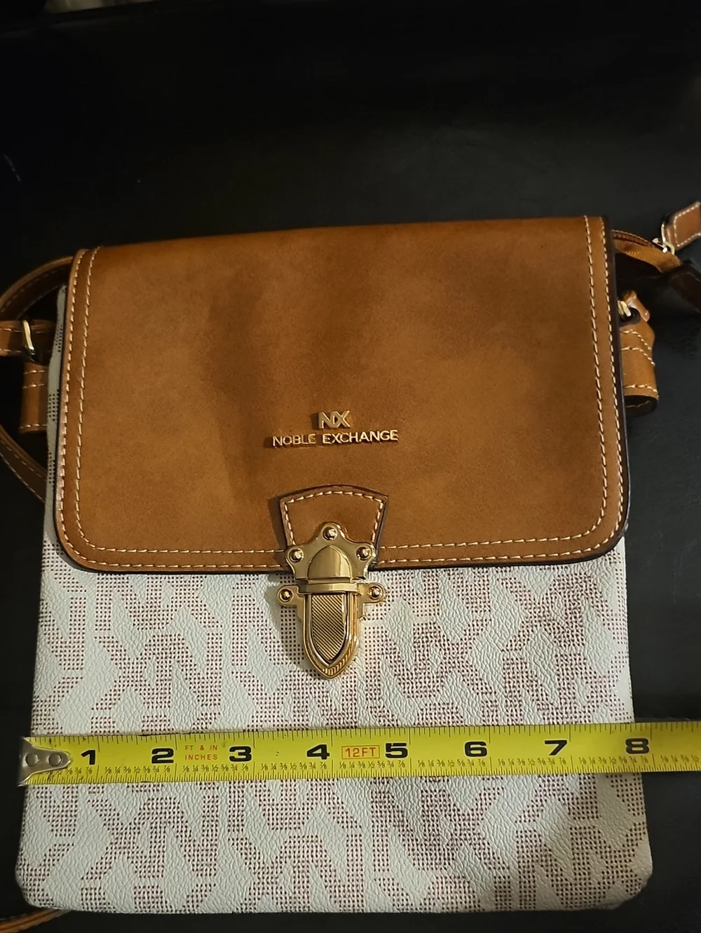 Nobel EXCHANGE Brown & White Logo Crossbody Bag with Gold Hardware
